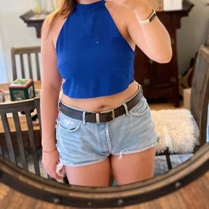 Super down mock neck crop top blue